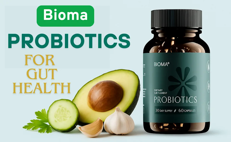 Bioma probiotic product beside avocado, cucumber, and garlic in a promotional photograph
